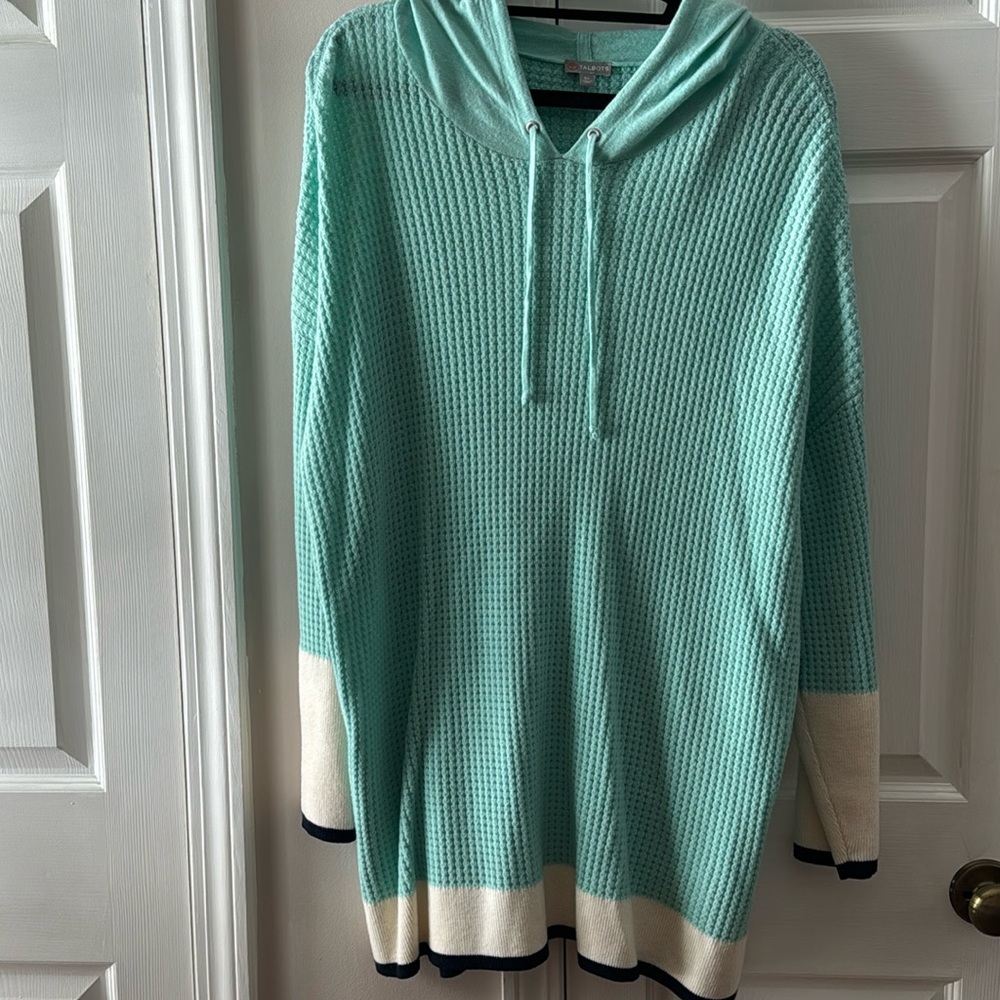 Talbots plus size, aqua, cable knit hoodie.